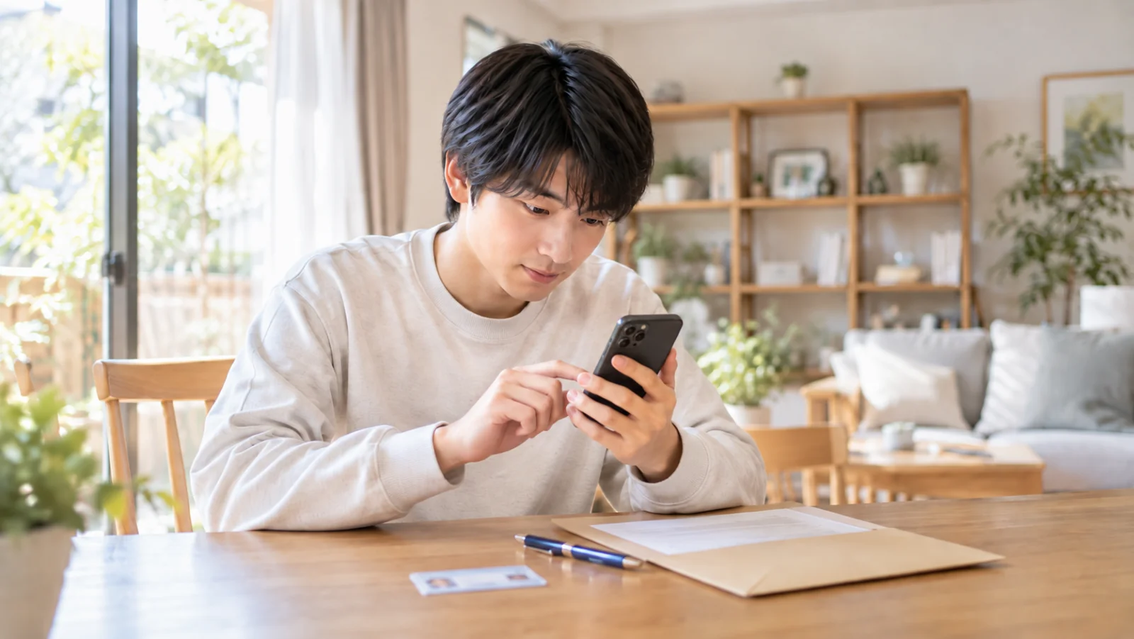 自宅でスマートフォンから申し込む若い男性