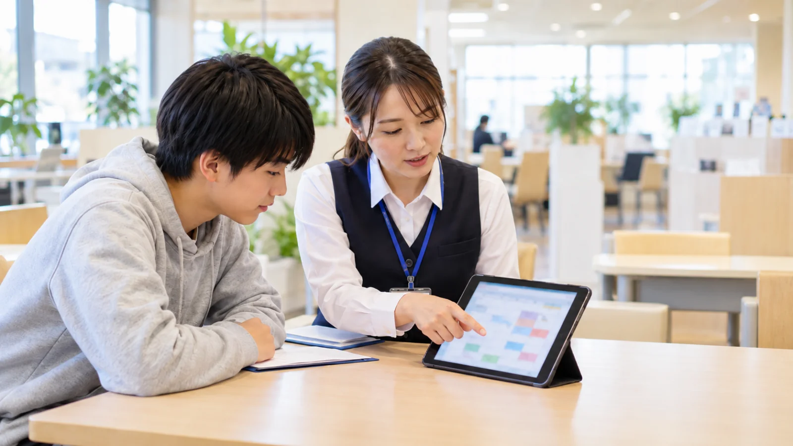 相談カウンターで、スタッフが若い男性に通い方の予定を説明している様子