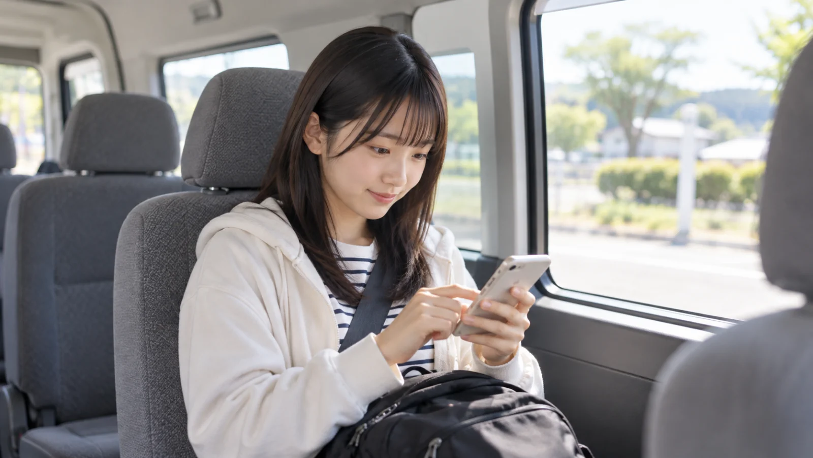送迎車の座席で、スマートフォンで学科の問題を解く教習生